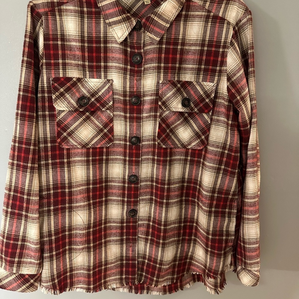 Women's Democracy Plaid Flannel Shirt with distressed fringe detail sz small
